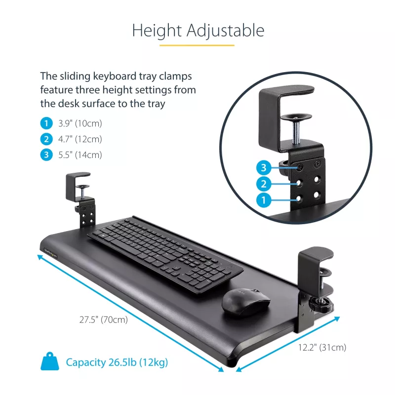 StarTech.com Untertisch-Tastaturablage, anklemmbare ergonomische Tastaturhalterung, bis zu 12 kg, ausziehbare Tastatur- und Mausablage mit C-Klemmen, höhenverstellbare Tastaturablage (100/120/140 mm)