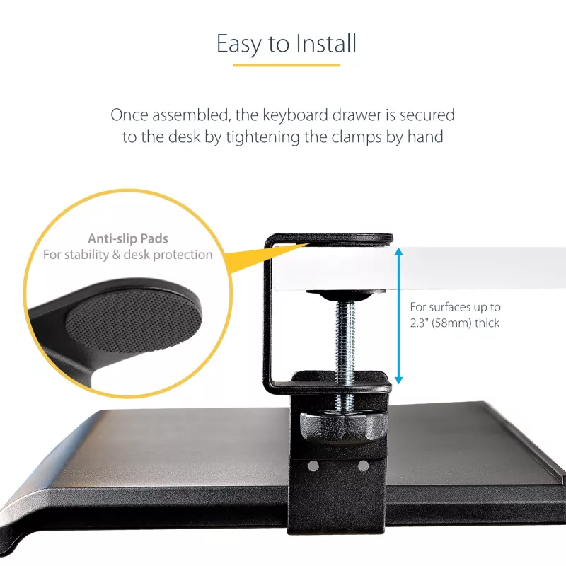 StarTech.com Untertisch-Tastaturablage, anklemmbare ergonomische Tastaturhalterung, bis zu 12 kg, ausziehbare Tastatur- und Mausablage mit C-Klemmen, höhenverstellbare Tastaturablage (100/120/140 mm)