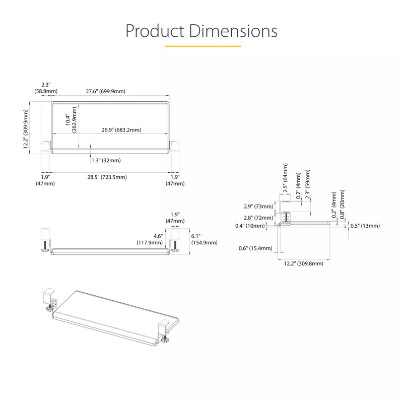 StarTech.com Untertisch-Tastaturablage, anklemmbare ergonomische Tastaturhalterung, bis zu 12 kg, ausziehbare Tastatur- und Mausablage mit C-Klemmen, höhenverstellbare Tastaturablage (100/120/140 mm)