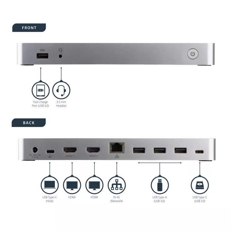 StarTech.com Dual Monitor USB C Dockingstation mit 60W Power Delivery für Windows Laptops - USB C auf HDMI / DVI Dock - USB 3.1 Gen 1 Typ C Dock mit Ladefunktion - Thunderbolt 3 kompatibel