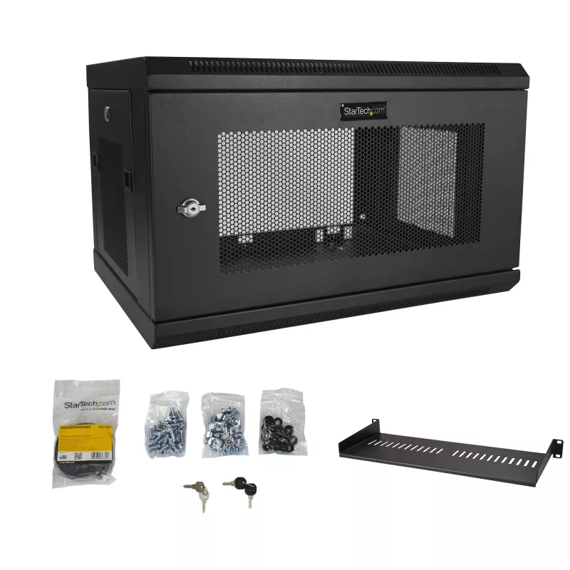 StarTech.com 2-Pfosten 6HE Wandmontage-Netzwerkschrank mit 1HE Fachboden, 19 Zoll wandmontiertes Serverrack für Daten-/Netzwerk-/AV-/Elektronik-/Computerausrüstung, kleines belüftetes Rackgehäuse