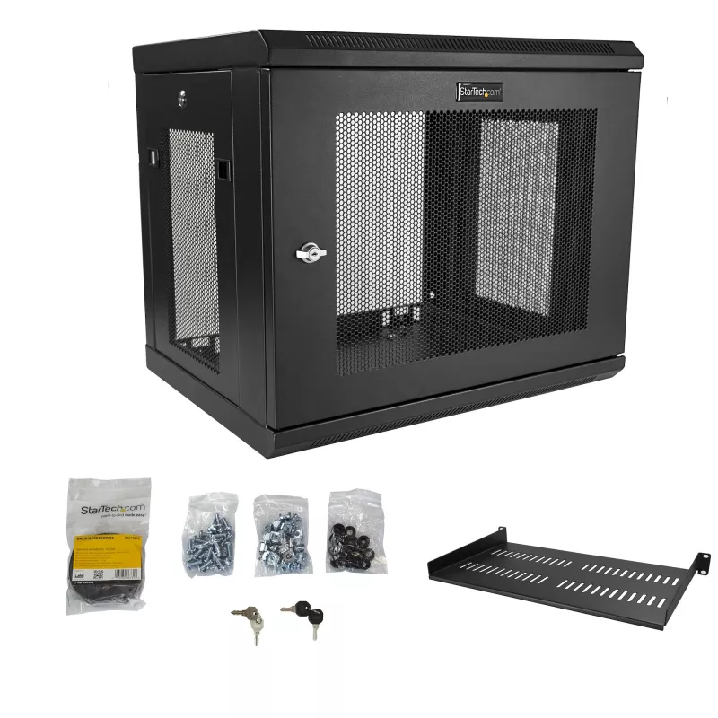 StarTech.com 2-Pfosten 9U Wandmontage-Netzwerkschrank mit 1U-Ablage, 19 Zoll wandmontiertes Server-Rack für Daten-/Netzwerk-/AV-/Elektronik-/Computergeräte, kleines belüftetes Rack-Gehäuse