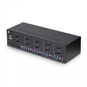 StarTech.com 4-Port Dual-Monitor DisplayPort KVM Switch, 4K 60Hz, 2x USB 5Gbps Hub Ports, 2x USB 2.0 HID Ports, Hotkey- und Tastenumschaltung, TAA-konform – 3,5 mm Audio, HDCP