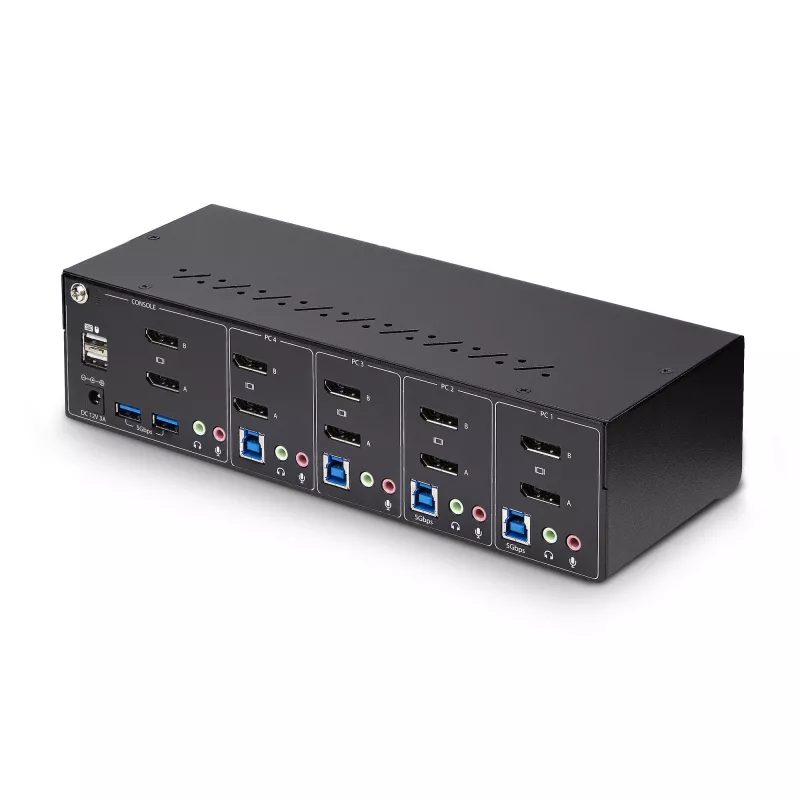 StarTech.com 4-Port Dual-Monitor DisplayPort KVM Switch, 4K 60Hz, 2x USB 5Gbps Hub Ports, 2x USB 2.0 HID Ports, Hotkey- und Tastenumschaltung, TAA-konform – 3,5 mm Audio, HDCP