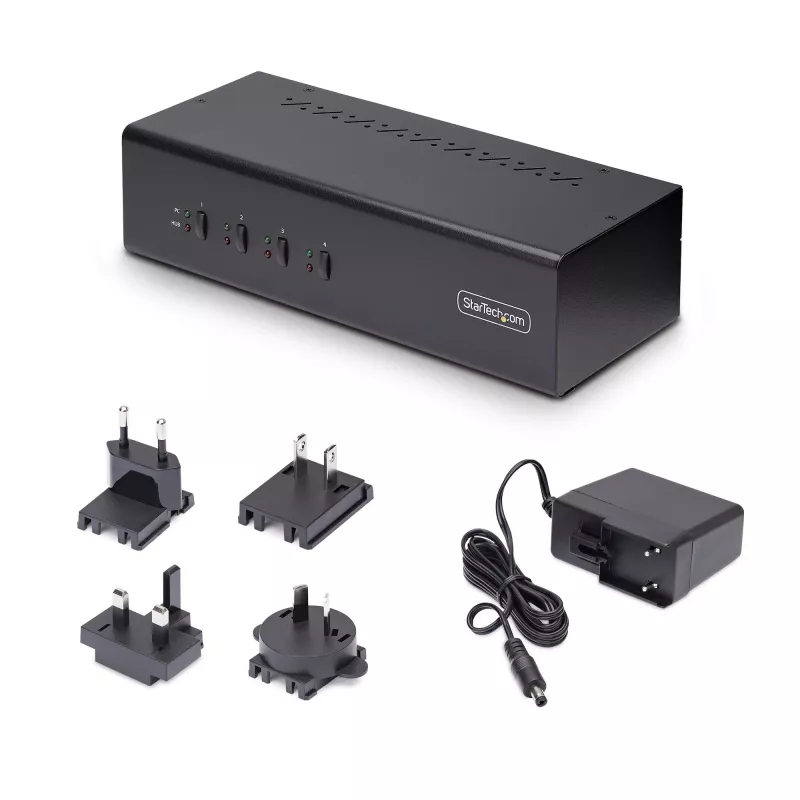 StarTech.com 4-Port Dual-Monitor DisplayPort KVM Switch, 4K 60Hz, 2x USB 5Gbps Hub Ports, 2x USB 2.0 HID Ports, Hotkey- und Tastenumschaltung, TAA-konform – 3,5 mm Audio, HDCP