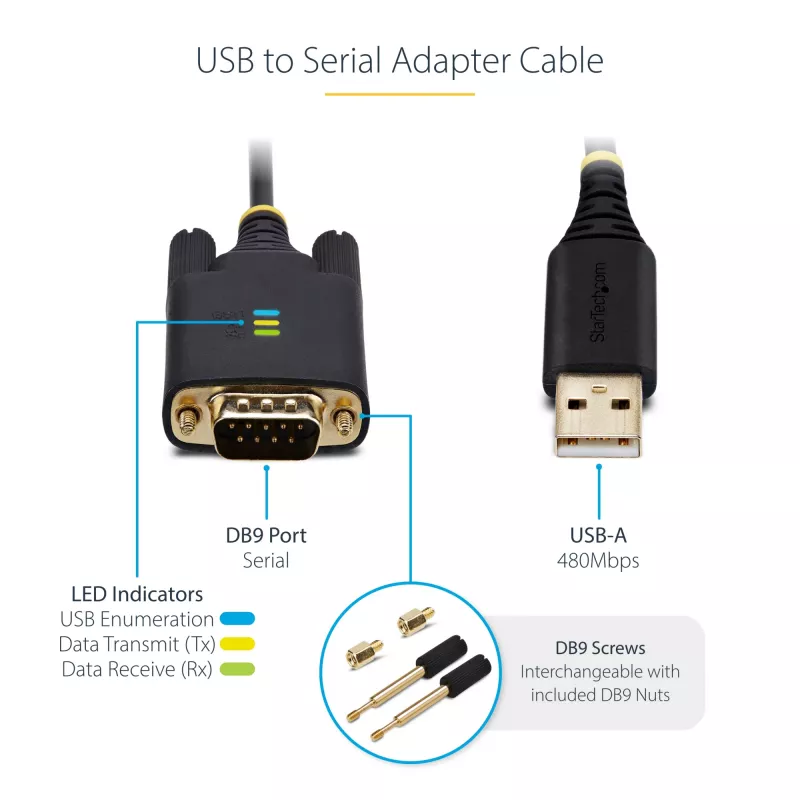 StarTech.com 3ft (1m) USB-zu-Seriell-Adapterkabel, COM-Erhalt, austauschbare Schrauben/Muttern, USB-A auf DB9 RS232, FTDI IC, ESD-Schutz, Windows/macOS/Linux