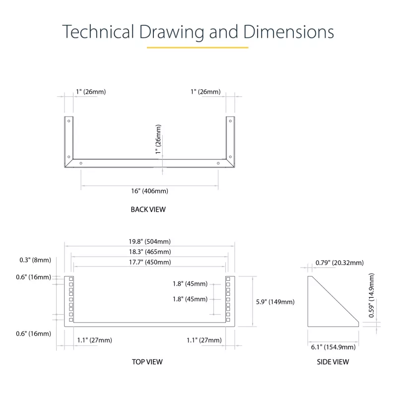 StarTech.com 3U 19” Wandmontage-Vertikalrackhalterung, Wandmontage-Patchpanelhalterung für Daten-/AV-/IT-/Computergeräte, 3U-Rack für Schrank oder Serverraum, Tragfähigkeit 150 lb (68 kg)