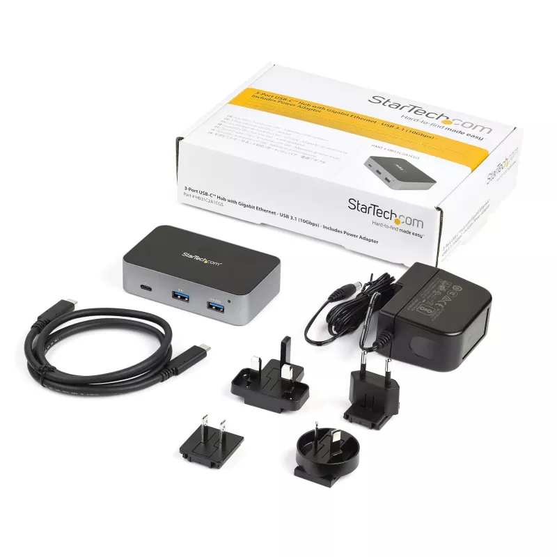 StarTech.com ~3-Port USB-C 3.2 Gen 2 Hub mit Ethernet-Adapter – 10 Gbit/s USB Typ C auf 2x USB-A & 1x USB-C-Ports – USB-Hub mit BC 1.2 Schnellladefunktion für Handys – Superspeed 10 Gbit/s USB-C-Hub