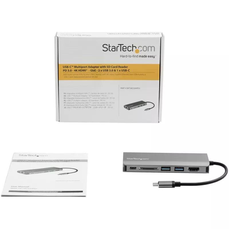 StarTech.com USB C Multiport-Adapter – USB-C Travel Dock mit 4K HDMI, 3x USB 3.0 Hub, SD/SDHC, GbE, 60W PD 3.0 Pass-Through – USB Type-C/Thunderbolt 3 – Ersetzt DKT30CSDHPD