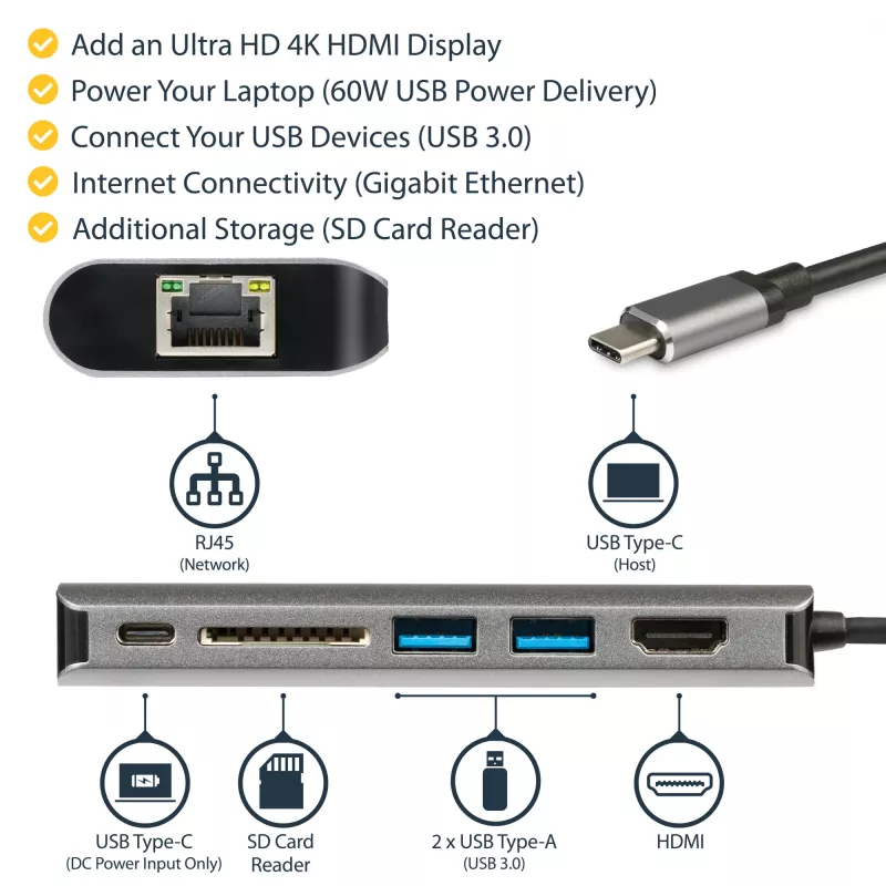 StarTech.com USB C Multiport-Adapter – USB-C Travel Dock mit 4K HDMI, 3x USB 3.0 Hub, SD/SDHC, GbE, 60W PD 3.0 Pass-Through – USB Type-C/Thunderbolt 3 – Ersetzt DKT30CSDHPD