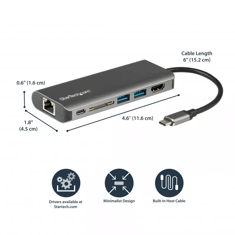 StarTech.com USB C Multiport-Adapter – USB-C Travel Dock mit 4K HDMI, 3x USB 3.0 Hub, SD/SDHC, GbE, 60W PD 3.0 Pass-Through – USB Type-C/Thunderbolt 3 – Ersetzt DKT30CSDHPD