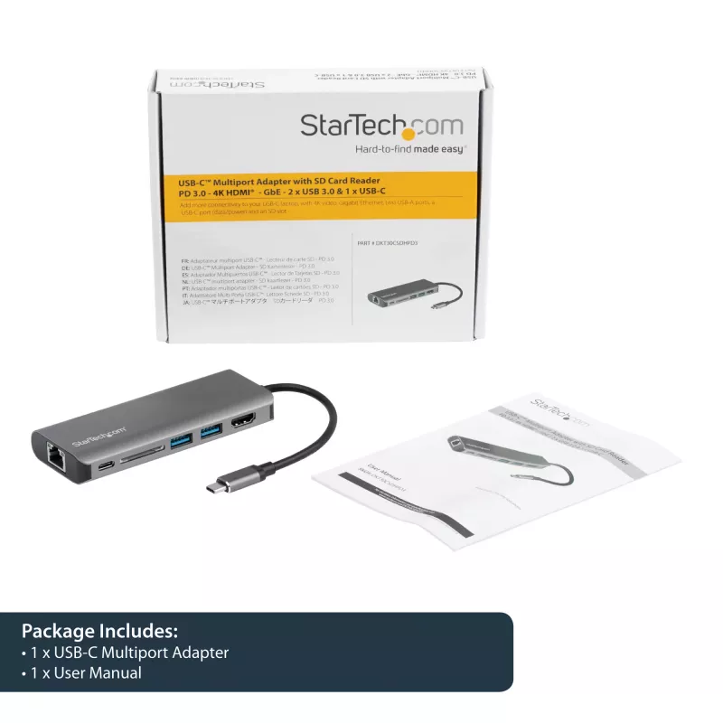 StarTech.com USB C Multiport-Adapter – USB-C Travel Dock mit 4K HDMI, 3x USB 3.0 Hub, SD/SDHC, GbE, 60W PD 3.0 Pass-Through – USB Type-C/Thunderbolt 3 – Ersetzt DKT30CSDHPD