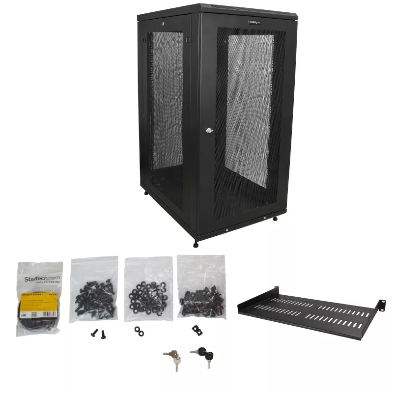 StarTech.com 4-Post 24U Server-Rack-Schrank, abschließbarer 19-Zoll-Datenrackschrank für Computer-/AV-/IT-Ausrüstung, Büro-/Heimnetzwerk-Rack mit Rollen und verstellbaren Montageschienen