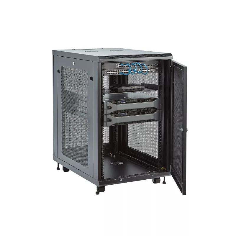 StarTech.com 4-Pfosten 18U Server-Rack-Schrank, abschließbarer 19-Zoll-Daten-Rack-Schrank für Computer / AV / IT-Equipment, Büro- / Heimnetzwerk-Rack mit Rollen & verstellbaren Montageschienen