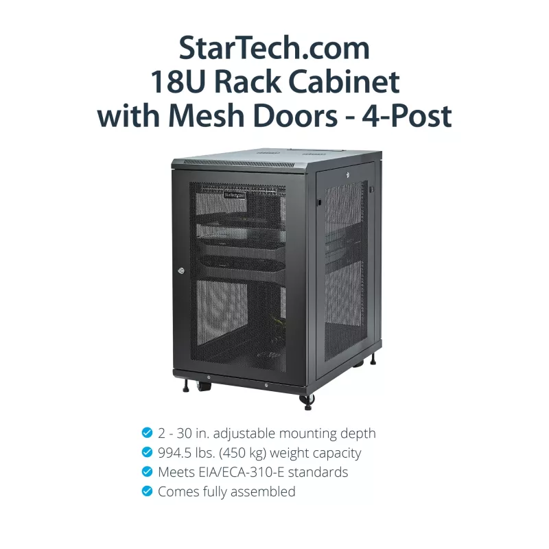 StarTech.com 4-Pfosten 18U Server-Rack-Schrank, abschließbarer 19-Zoll-Daten-Rack-Schrank für Computer / AV / IT-Equipment, Büro- / Heimnetzwerk-Rack mit Rollen & verstellbaren Montageschienen