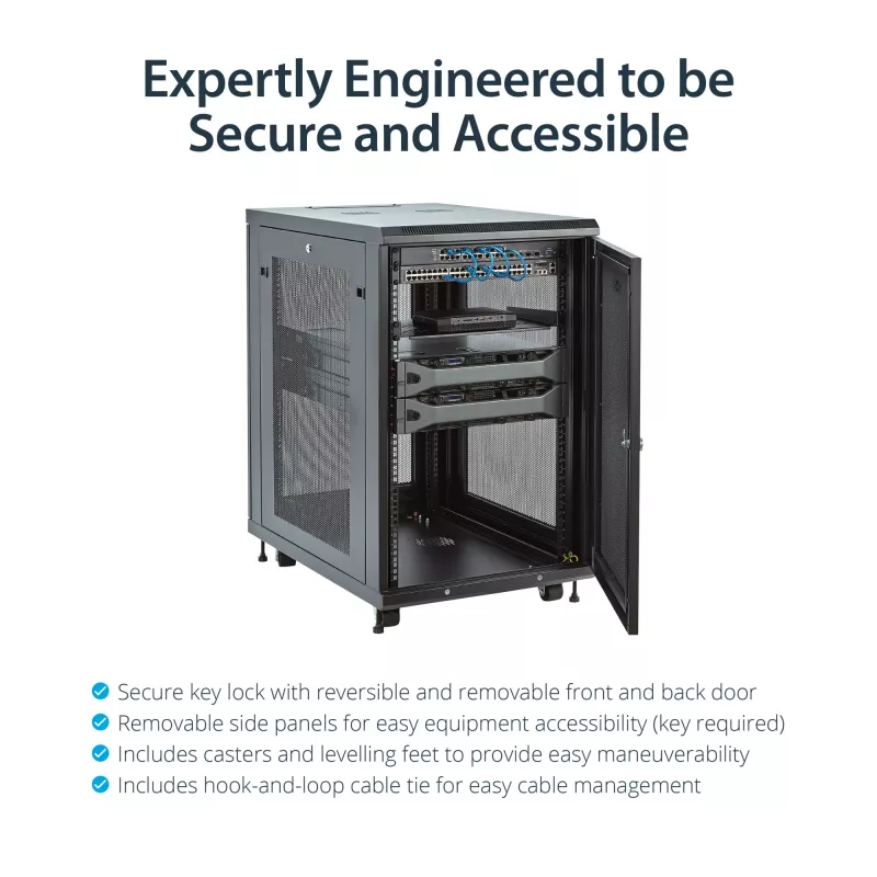 StarTech.com 4-Pfosten 18U Server-Rack-Schrank, abschließbarer 19-Zoll-Daten-Rack-Schrank für Computer / AV / IT-Equipment, Büro- / Heimnetzwerk-Rack mit Rollen & verstellbaren Montageschienen