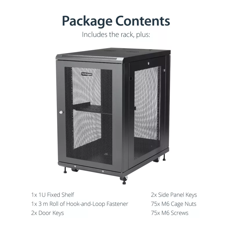 StarTech.com 4-Pfosten 18U Server-Rack-Schrank, abschließbarer 19-Zoll-Daten-Rack-Schrank für Computer / AV / IT-Equipment, Büro- / Heimnetzwerk-Rack mit Rollen & verstellbaren Montageschienen