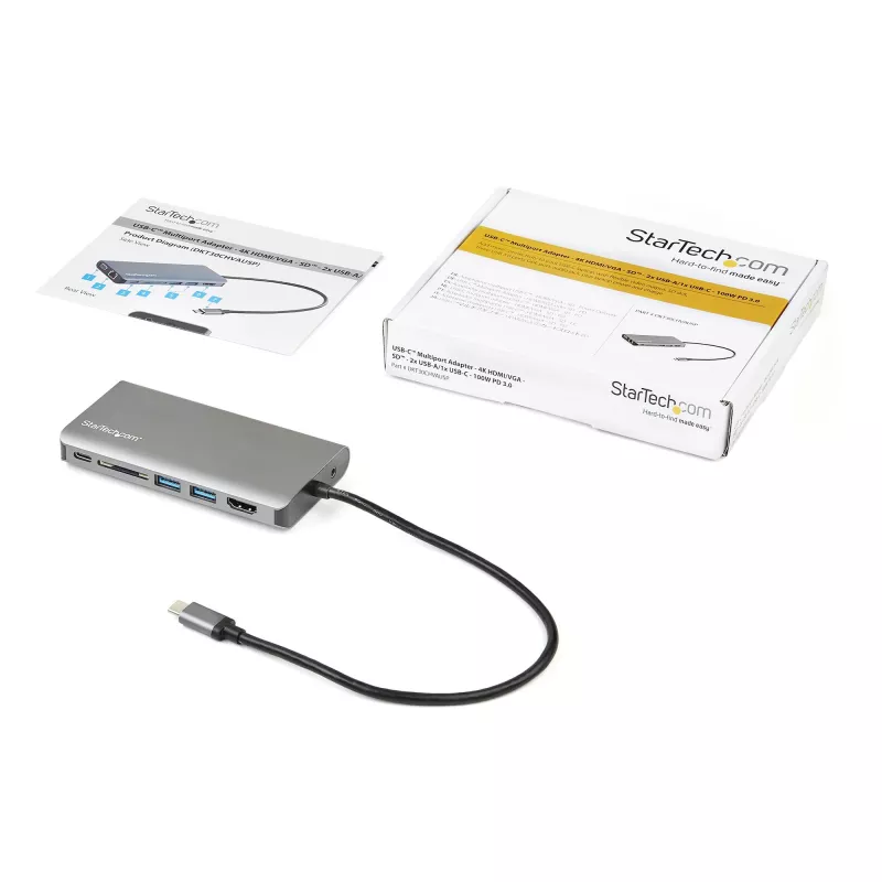 StarTech.com USB-C-Multiport-Adapter – USB-C Mini Travel Dock mit 4K HDMI oder 1080p VGA – 3x USB 3.0 Hub, SD, GbE, Audio, 100W PD Pass-Through – Tragbare Dockingstation für Laptop/Tablet