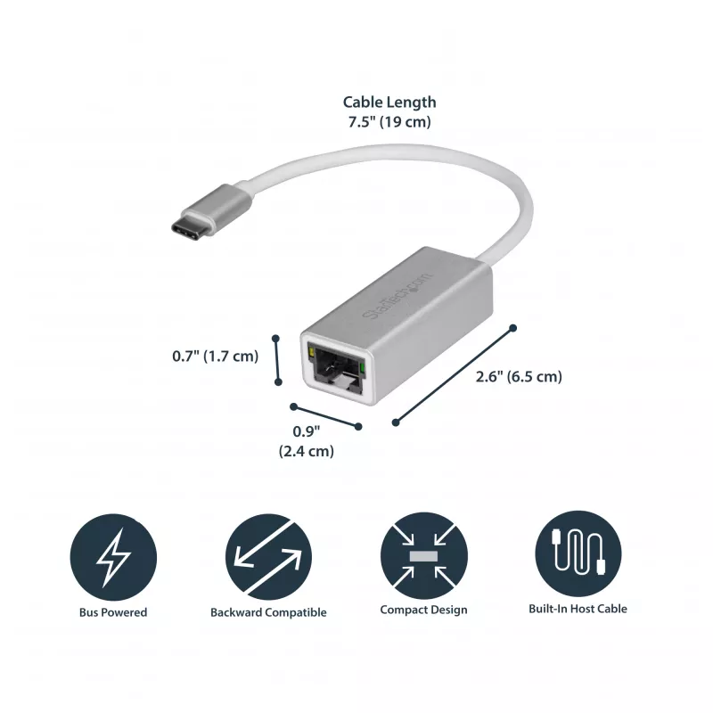 StarTech.com USB-C-zu-Gigabit-Netzwerkadapter – Silber, Kabelgebunden, USB, Ethernet, 5000 Mbit/s, Silber