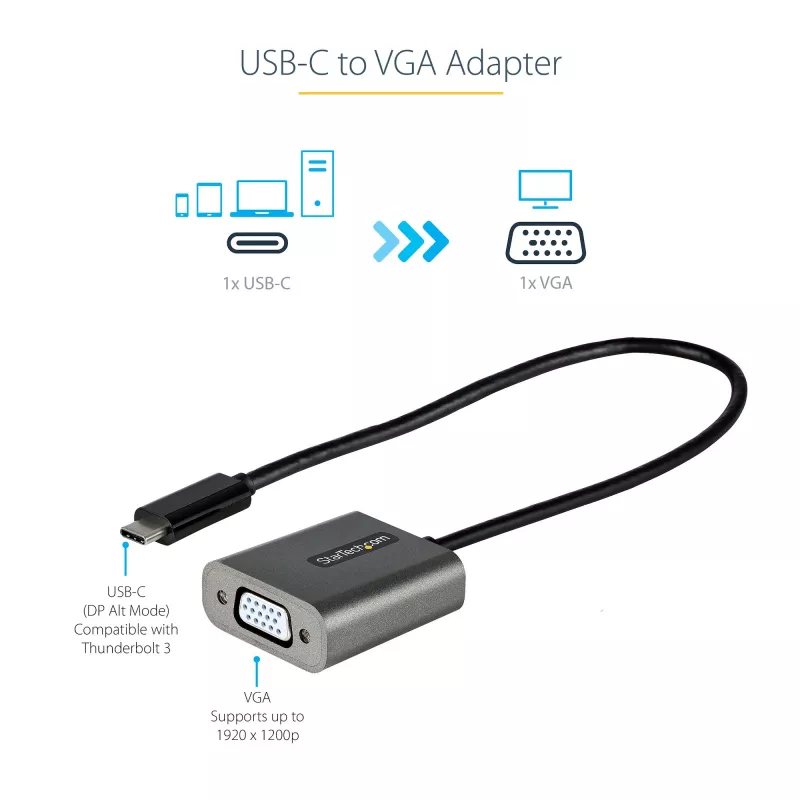 StarTech.com USB-C auf VGA Adapter – 1080p USB Typ-C auf VGA Adapter Dongle – USB-C (DP Alt Mode) auf VGA Monitor/Display Videokonverter – Thunderbolt 3 kompatibel – 30 cm langes angebautes Kabel – Verbesserte Version von CDP2VGA