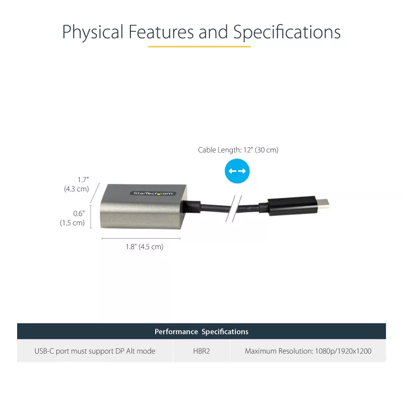 StarTech.com USB-C auf VGA Adapter – 1080p USB Typ-C auf VGA Adapter Dongle – USB-C (DP Alt Mode) auf VGA Monitor/Display Videokonverter – Thunderbolt 3 kompatibel – 30 cm langes angebautes Kabel – Verbesserte Version von CDP2VGA