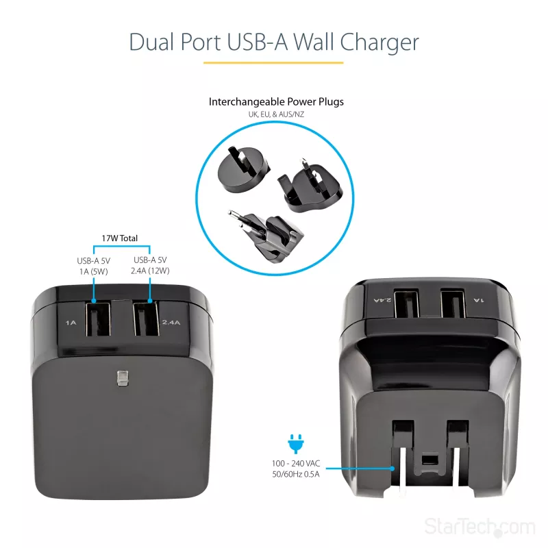 StarTech.com Dual-Port USB-Wandladegerät – internationale Reisen – 17W/3,4A – schwarz