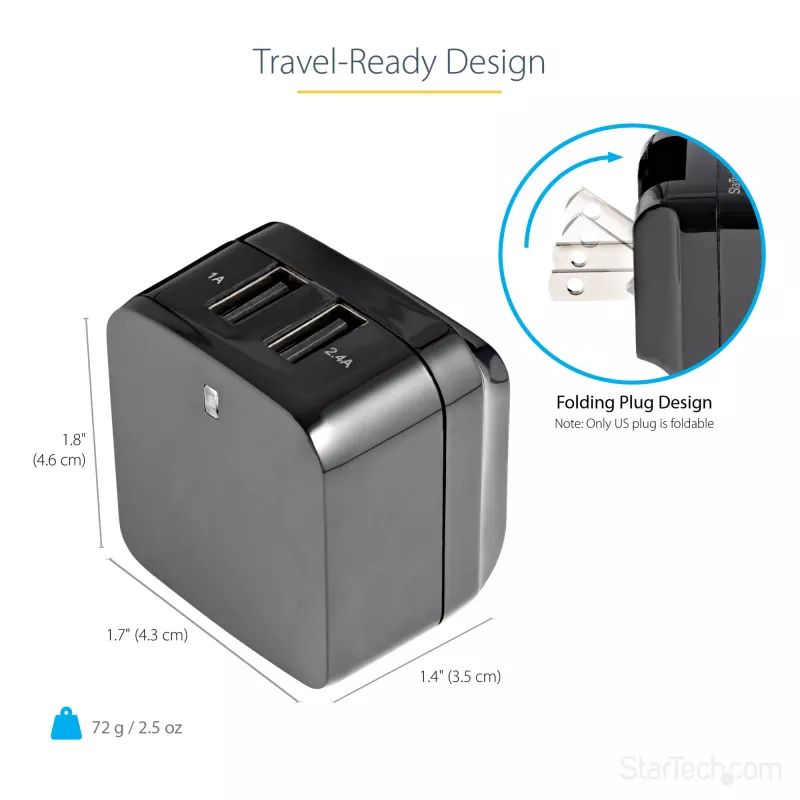 StarTech.com Dual-Port USB-Wandladegerät – internationale Reisen – 17W/3,4A – schwarz