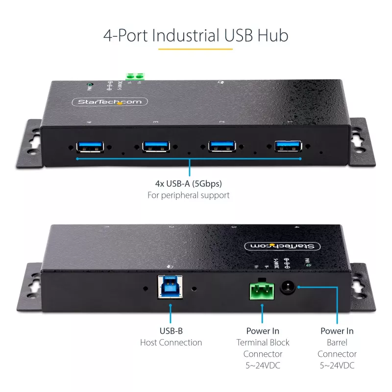 StarTech.com 4-Port industrieller USB 3.0 5Gbps Hub, robuster USB-Hub mit ESD-Schutz, DIN-/Wand-/Tischmontage USB-A Hub, USB-Erweiterung mit Verriegelungsanschlüssen, Heavy Duty – TAA