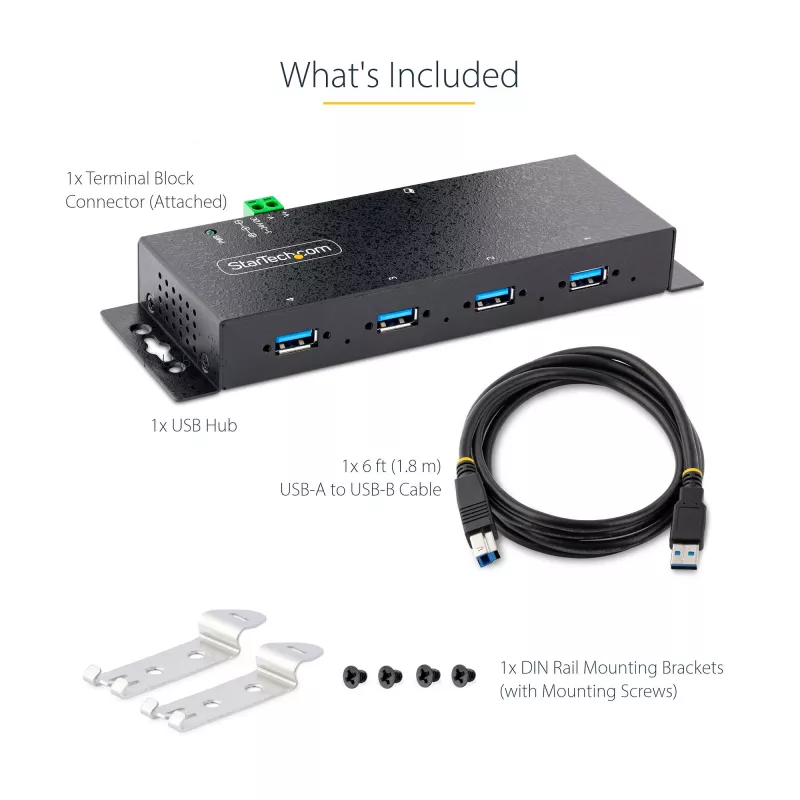 StarTech.com 4-Port industrieller USB 3.0 5Gbps Hub, robuster USB-Hub mit ESD-Schutz, DIN-/Wand-/Tischmontage USB-A Hub, USB-Erweiterung mit Verriegelungsanschlüssen, Heavy Duty – TAA