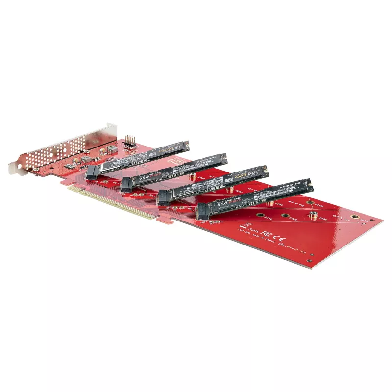 StarTech.com Quad M.2 PCIe-Adapterkarte, PCIe x16 auf Quad NVMe oder AHCI M.2 SSDs, PCI Express 4.0, 7,8 GBps/Laufwerk, Bifurkation erforderlich, Windows/Linux-kompatibel