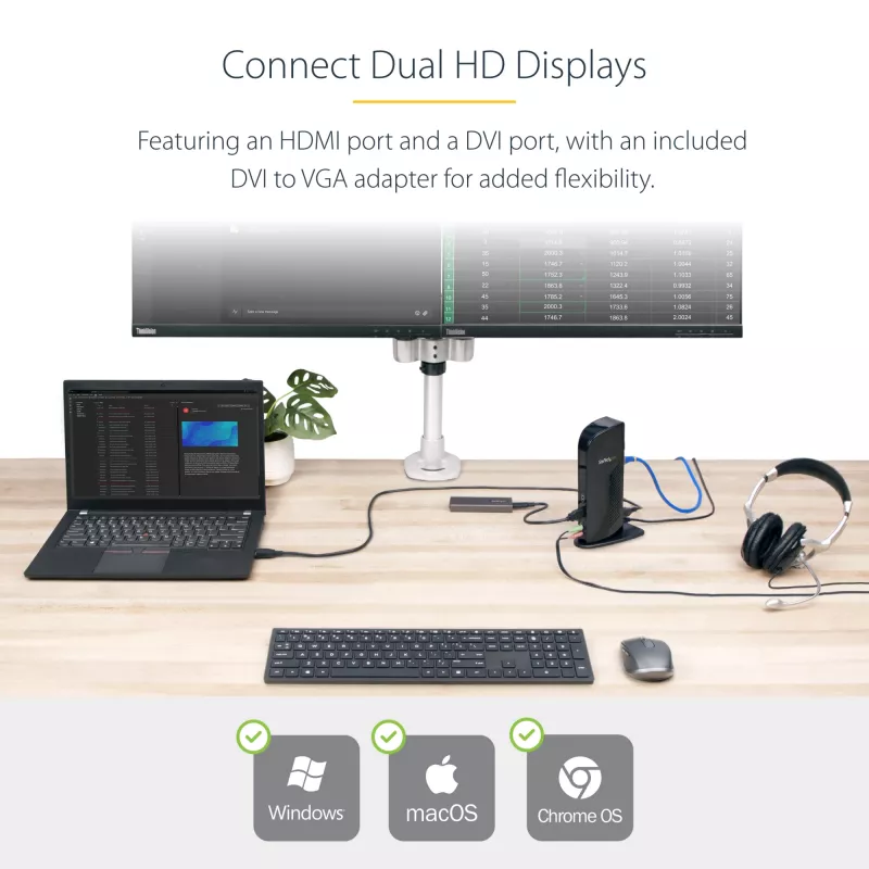 StarTech.com Dual-Monitor USB 3.0 Dockingstation mit HDMI - DVI - 6 x USB-Anschlüsse~Dual-Monitor USB 3.0 Laptop-Dockingstation mit HDMI & DVI/VGA, 6x USB-A Hub, GbE, Audio, Universal Typ-A Dock - Windows/macOS/ChromeOS