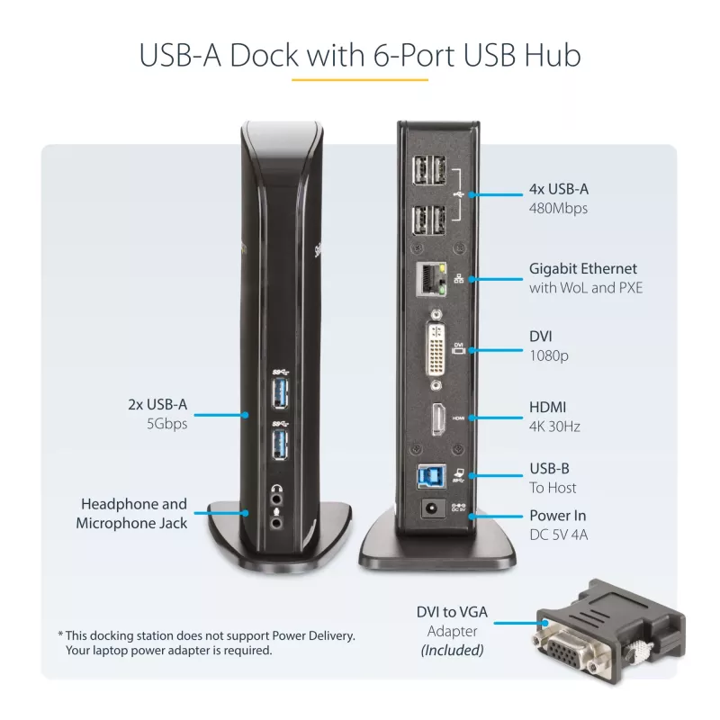 StarTech.com Dual-Monitor USB 3.0 Dockingstation mit HDMI - DVI - 6 x USB-Anschlüsse~Dual-Monitor USB 3.0 Laptop-Dockingstation mit HDMI & DVI/VGA, 6x USB-A Hub, GbE, Audio, Universal Typ-A Dock - Windows/macOS/ChromeOS