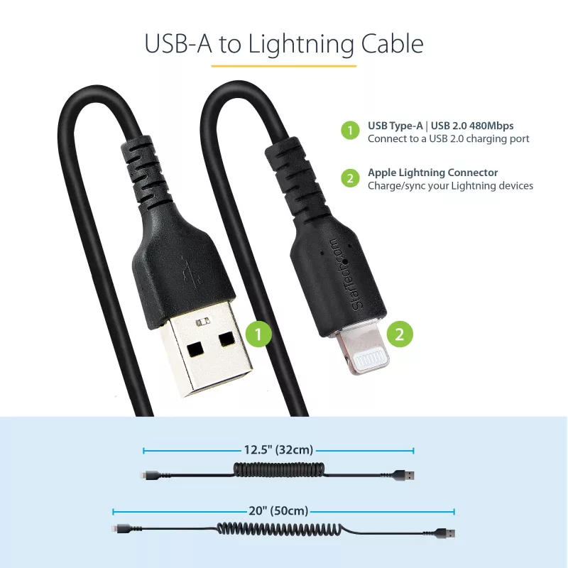 StarTech.com 50cm (20in) USB-auf-Lightning-Kabel, MFi-zertifiziert, gewendeltes iPhone-Ladekabel, Schwarz, strapazierfähiger TPE-Mantel mit Aramidfaser, robustes gewendeltes Lightning-Kabel