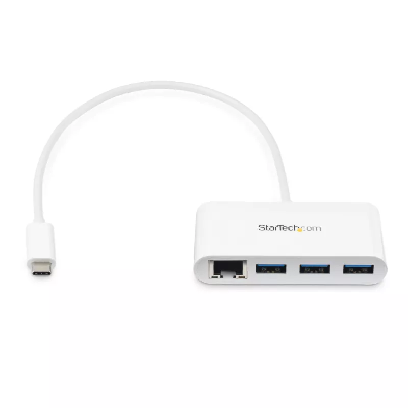 StarTech.com 3-Port USB-C Hub mit Gigabit Ethernet – USB-C auf 3x USB-A – USB 3.0 Hub – Weiß