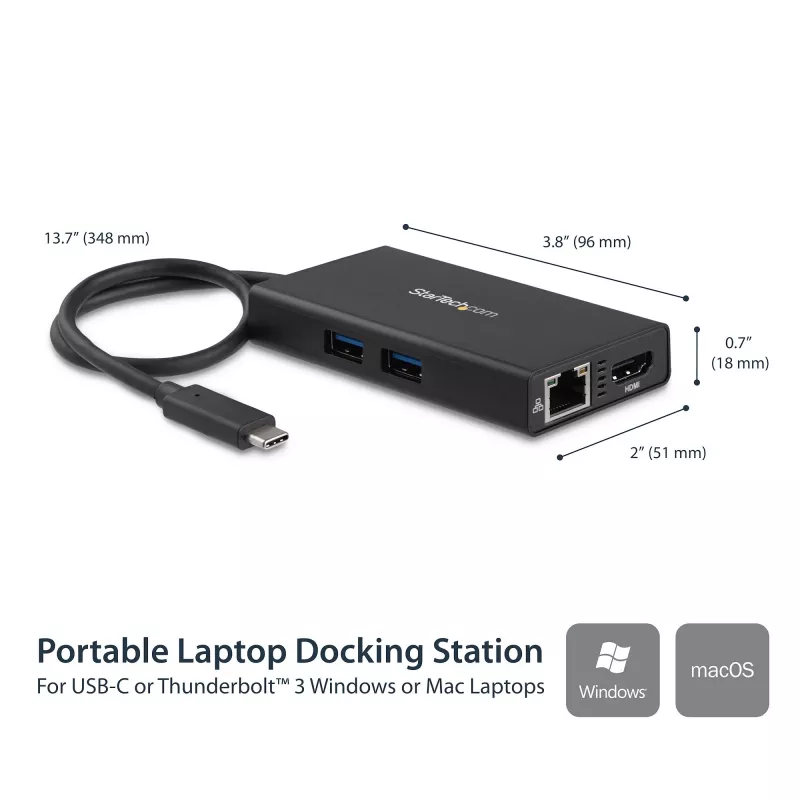 StarTech.com USB-C-Multiport-Adapter – USB-C-Reise-Dockingstation mit 4K HDMI – 60 W Power Delivery Pass-Through, GbE, 2 Ports USB-A 3.0 Hub – Tragbares Mini-USB-Typ-C-Dock für Laptops