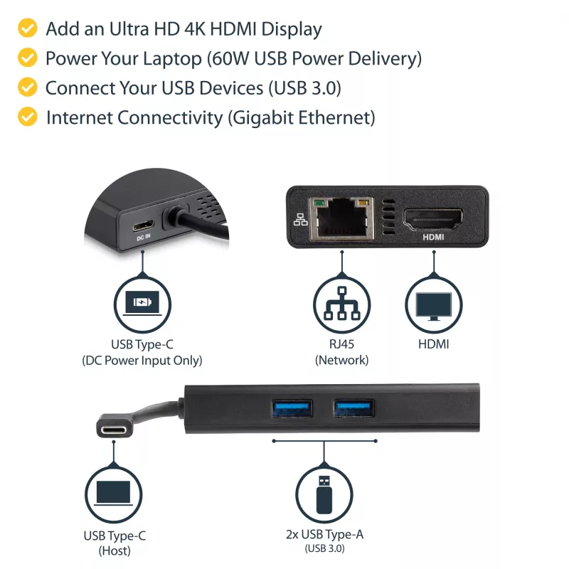 StarTech.com USB-C-Multiport-Adapter – USB-C-Reise-Dockingstation mit 4K HDMI – 60 W Power Delivery Pass-Through, GbE, 2 Ports USB-A 3.0 Hub – Tragbares Mini-USB-Typ-C-Dock für Laptops