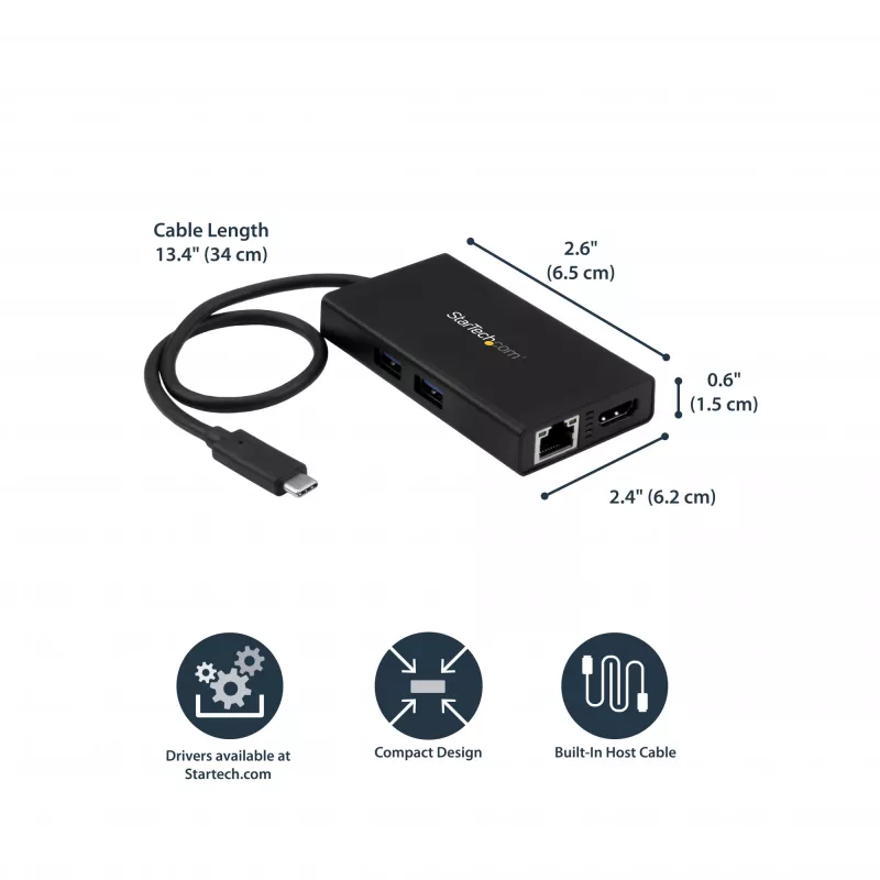 StarTech.com USB-C-Multiport-Adapter – USB-C-Reise-Dockingstation mit 4K HDMI – 60 W Power Delivery Pass-Through, GbE, 2 Ports USB-A 3.0 Hub – Tragbares Mini-USB-Typ-C-Dock für Laptops