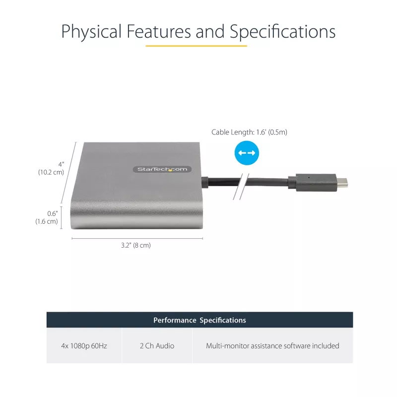 StarTech.com USB-C auf Quad HDMI Adapter, USB-C zu 4x HDMI Monitor Konverter für Windows (keine Unterstützung für macOS/ChromeOS/Linux) - TAA