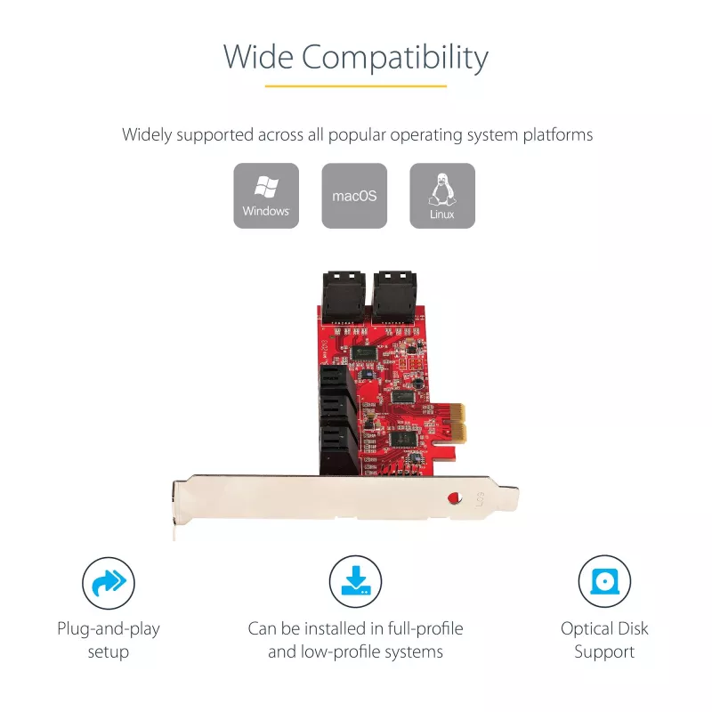 StarTech.com SATA PCIe Karte - 10-Port PCIe SATA Erweiterungskarte - 6 Gbit/s - Low-/Full-Profile - Gestapelte SATA-Anschlüsse - ASM1062 Non-RAID - PCI Express zu SATA Konverter/Adapter