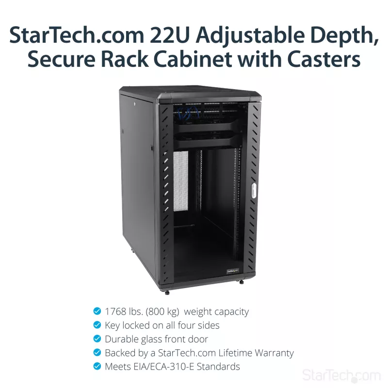 StarTech.com 4-Pfosten 22U Serverschrank, abschließbarer 19-Zoll-Datenschrank für Computer/AV/IT-Ausstattung, Büro-/Heimnetzwerk-Schrank mit Rollen und verstellbaren Montageschienen