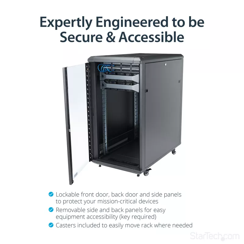 StarTech.com 4-Pfosten 22U Serverschrank, abschließbarer 19-Zoll-Datenschrank für Computer/AV/IT-Ausstattung, Büro-/Heimnetzwerk-Schrank mit Rollen und verstellbaren Montageschienen