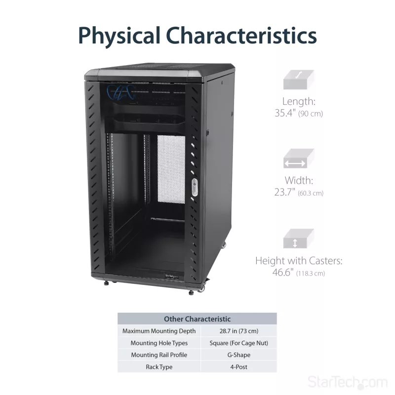 StarTech.com 4-Pfosten 22U Serverschrank, abschließbarer 19-Zoll-Datenschrank für Computer/AV/IT-Ausstattung, Büro-/Heimnetzwerk-Schrank mit Rollen und verstellbaren Montageschienen