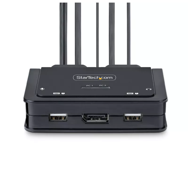 StarTech.com 2-Port Hybrid USB-C DisplayPort Kabel KVM Switch, 4K 60Hz, Kompakter KVM-Switch mit integrierten 1,8 m USB-A/DisplayPort/Audio und 1,2 m USB-C Hostkabeln, busgespeist – Fernbedienungstaster/Hotkey-Umschaltung