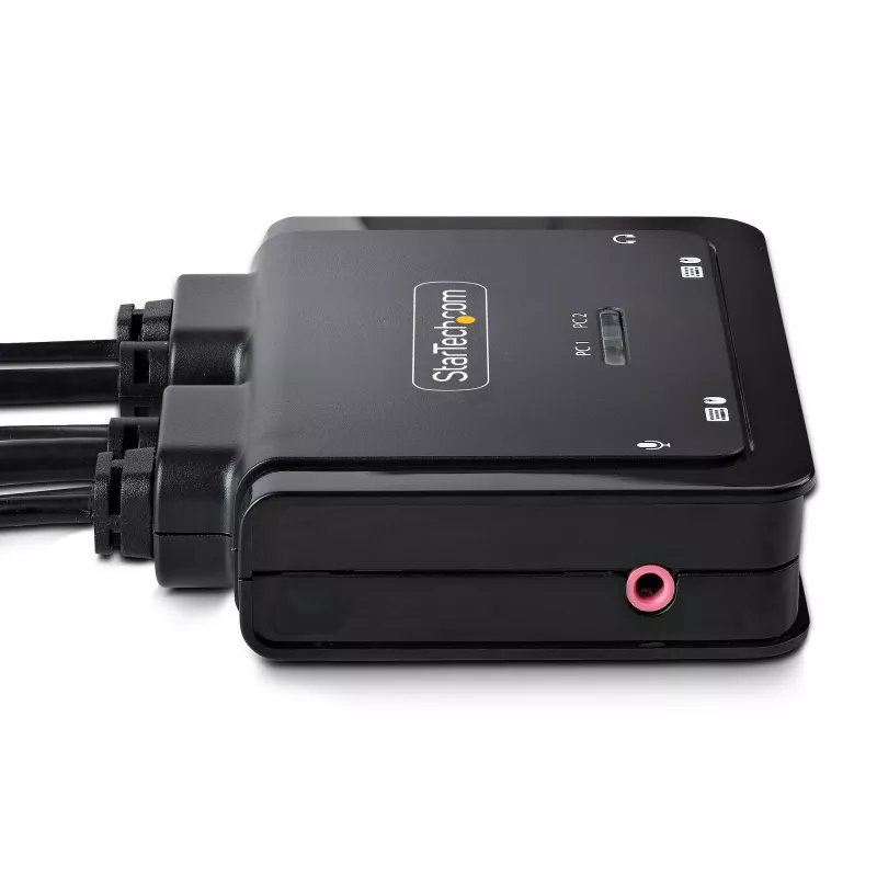 StarTech.com 2-Port Hybrid USB-C DisplayPort Kabel KVM Switch, 4K 60Hz, Kompakter KVM-Switch mit integrierten 1,8 m USB-A/DisplayPort/Audio und 1,2 m USB-C Hostkabeln, busgespeist – Fernbedienungstaster/Hotkey-Umschaltung