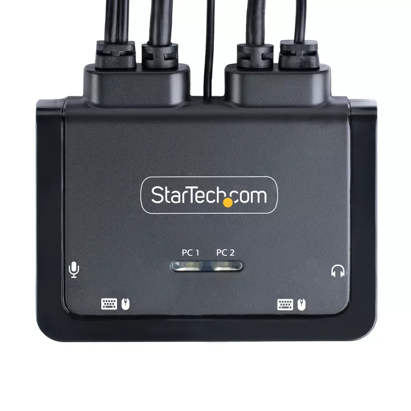 StarTech.com 2-Port Hybrid USB-C DisplayPort Kabel KVM Switch, 4K 60Hz, Kompakter KVM-Switch mit integrierten 1,8 m USB-A/DisplayPort/Audio und 1,2 m USB-C Hostkabeln, busgespeist – Fernbedienungstaster/Hotkey-Umschaltung