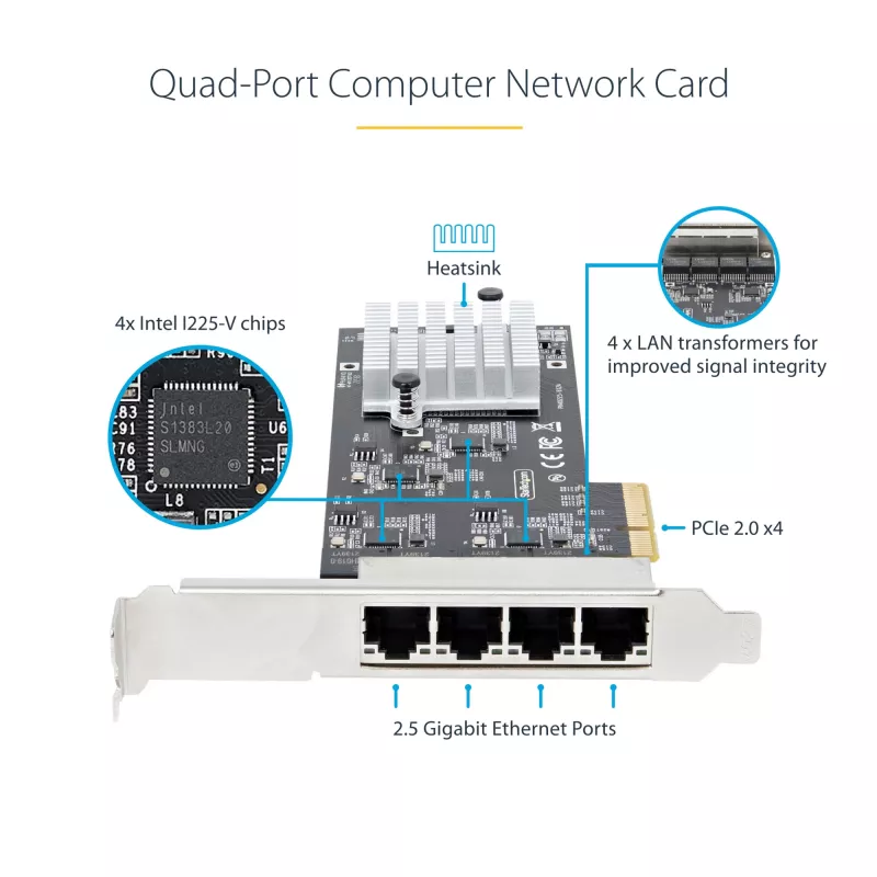 StarTech.com 4-Port 2,5-Gbit/s NBASE-T PCIe-Netzwerkkarte, Intel I225-V, Quad-Port-Computernetzwerkkarte, Multi-Gigabit-NIC, PCI Express Server-LAN-Karte, Desktop-Ethernet-Schnittstelle
