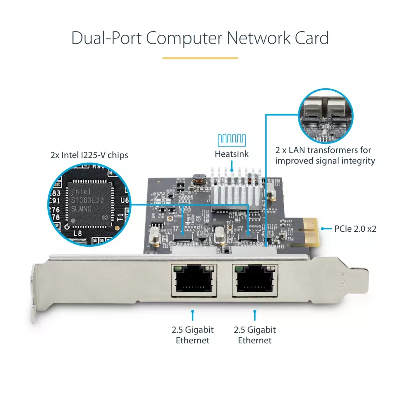 StarTech.com 2-Port 2.5Gbps NBASE-T PCIe Netzwerkkarte, Intel I225-V, Dual-Port Computer Netzwerkkarte, Multi-Gigabit NIC, PCI Express Server LAN Karte, Desktop Ethernet Schnittstelle