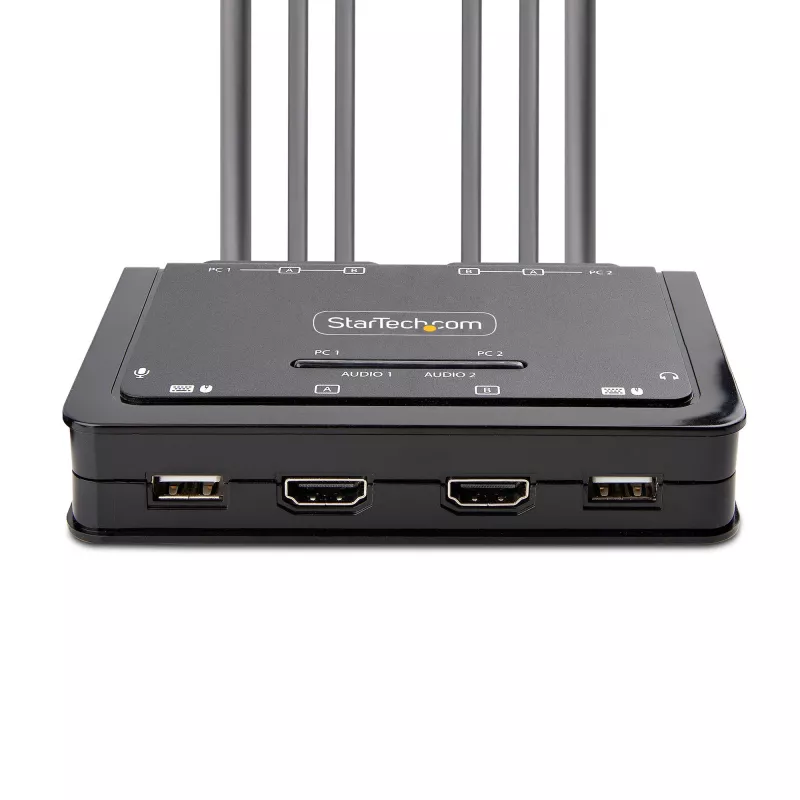 StarTech.com 2-Port Dual-Monitor HDMI Kabel KVM Switch, 4K 60Hz, Kompakter KVM mit integrierten 1,5 m USB-A-/HDMI-/Audio-Kabeln, busgespeist – Fernbedienungstaste/Hotkey-Umschaltung