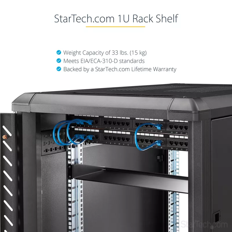 StarTech.com 1U Server-Rack-Einlegeboden, universelle Rack-Montage-Kragarm-Ablage für 19-Zoll-Netzwerkgeräte-Rack/Schrank, hochbelastbarer Stahl, Tragfähigkeit 33 lb/15 kg, 7 Zoll (18 cm) tief
