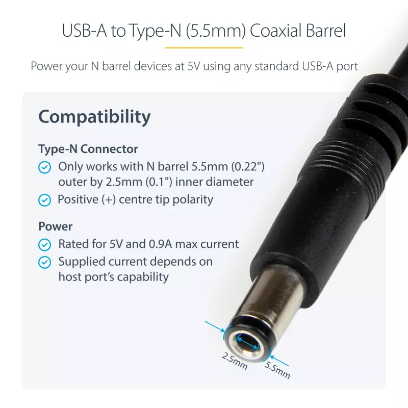 StarTech.com USB auf 5,5 mm Stromkabel – Typ N Hohlstecker – 1 m, 1 m, USB A, Hohlstecker Typ N